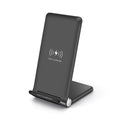 Black folding wireless charger stand with ABS material showing 15W Qi fast charging for phone and earbuds