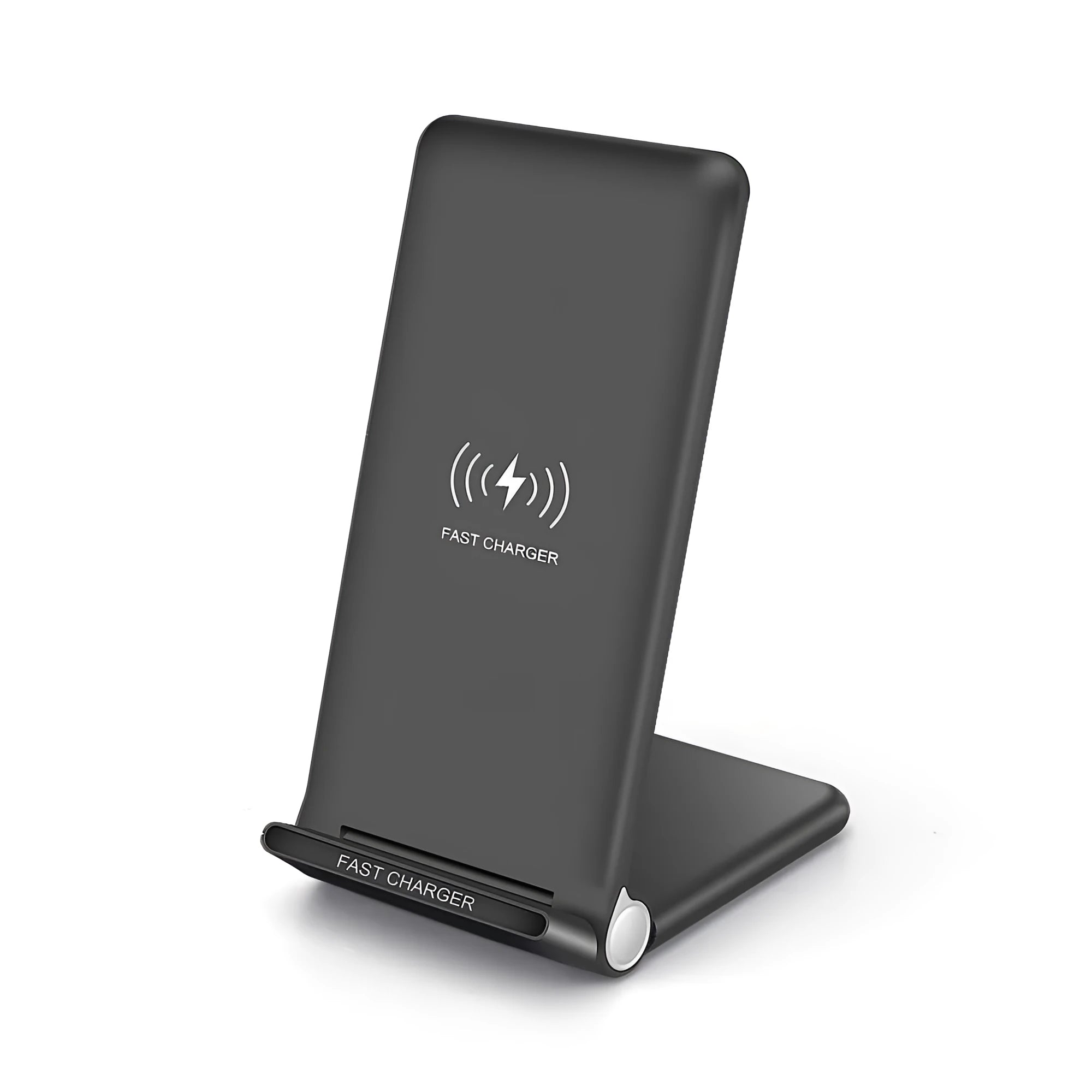 Black folding wireless charger stand with ABS material showing 15W Qi fast charging for phone and earbuds