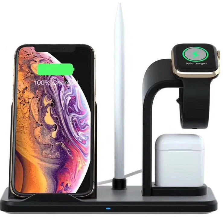 Black wireless charger bracket showing phone charging position with 10W output and dual USB ports