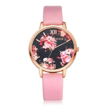 Rose gold women's watch with leather strap and love heart design