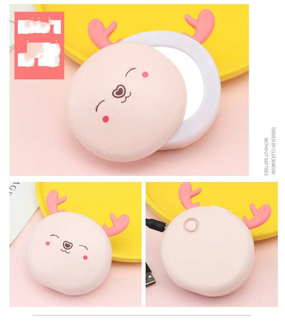 Portable 3 in 1 USB power bank with hand warmer and LED makeup mirror in blue and pink