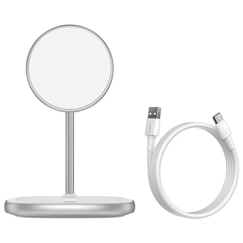 Swan magnetic wireless charging stand for iPhone 12 in black or white with Type-C cable
