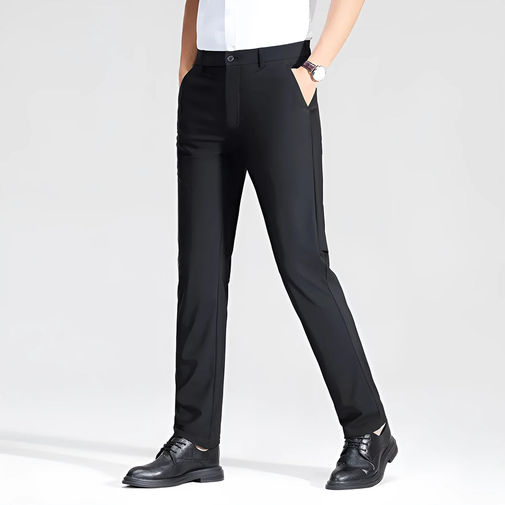 Pair of men's summer ice silk straight-leg suit trousers in solid colour on white background