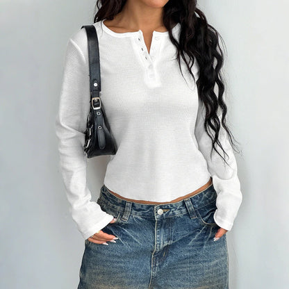 Women's slim fit long sleeve vest t-shirt with button front closure in polyester fabric