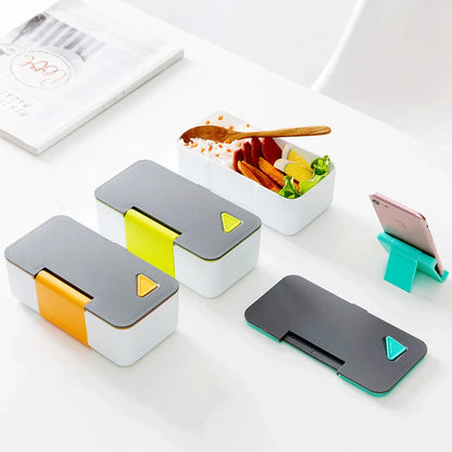 Mobile Phone Holder Lunch Box in blue, green, yellow with dimensions 19x12x7 cm