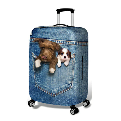 Blue cartoon polyester luggage cover on 24-inch suitcase with pole case, fitting 18-32 inch sizes securely