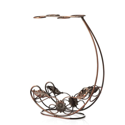 Copper wine rack hanging holder for double bottles and 4 cups in gold and bronze finishes