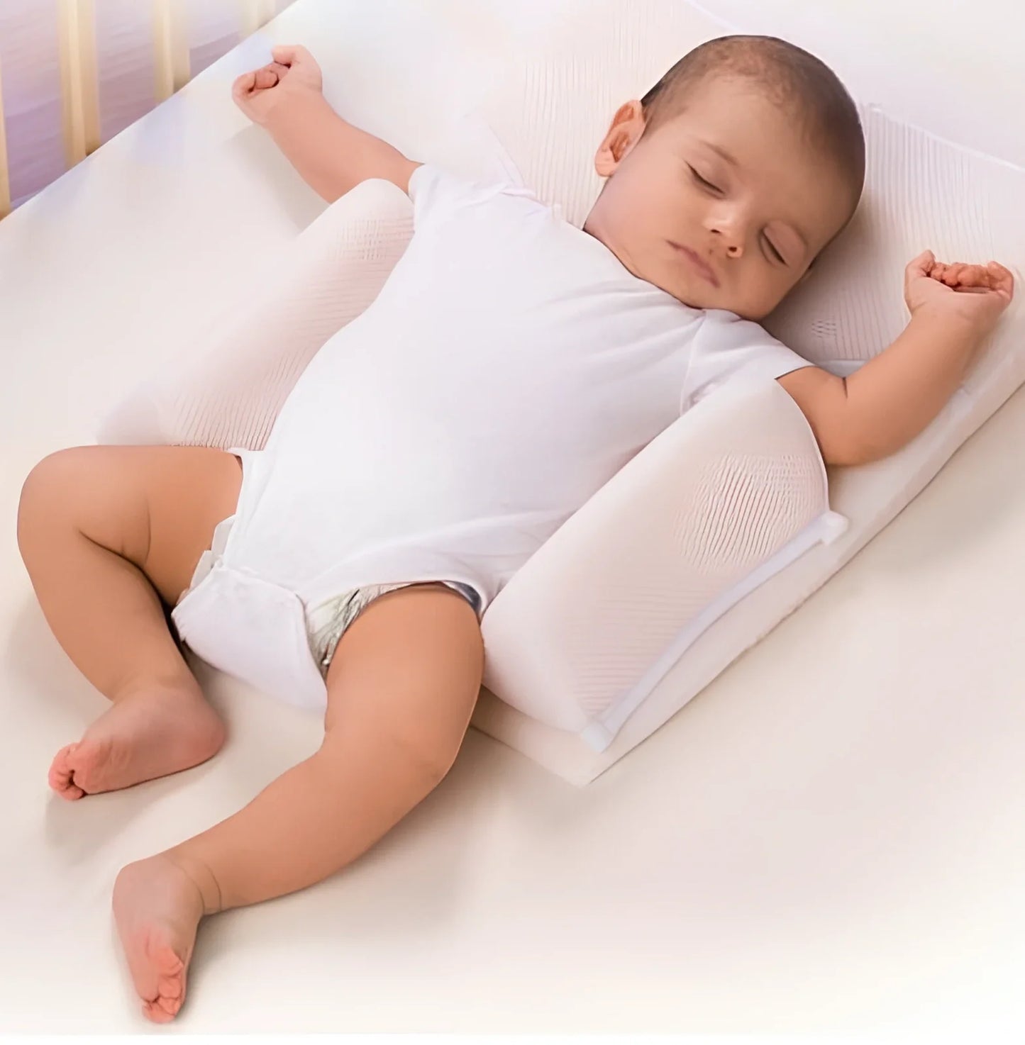 White baby sleep positioning pad with curved armrest and elevated head section