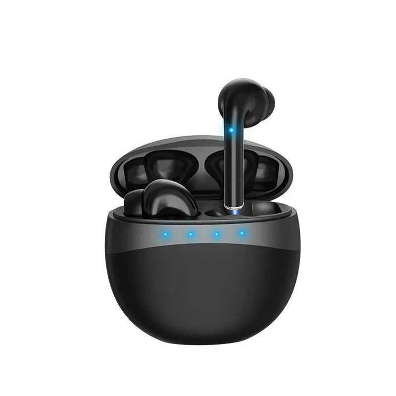 White digital display Bluetooth earbuds in charging case showing four LED battery lights