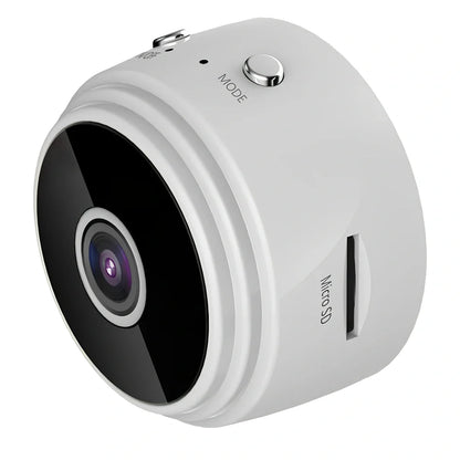 Compact white A9 WiFi sports camera with 1080P HD, infrared night vision, 45x45x50mm size, mounted on rotating bracket