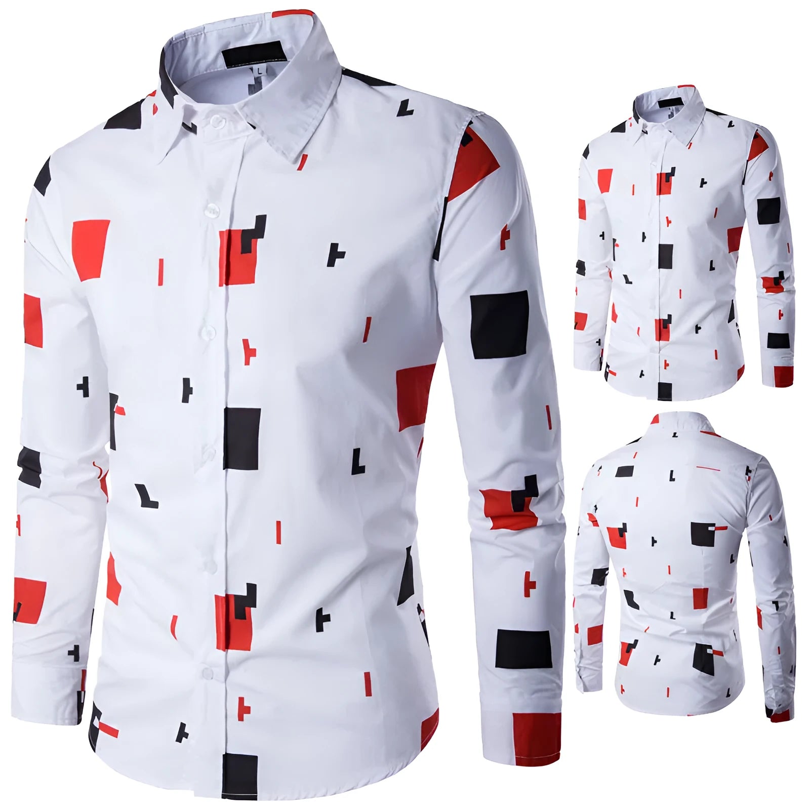 Mens casual long sleeve white cotton shirt front view with full size range