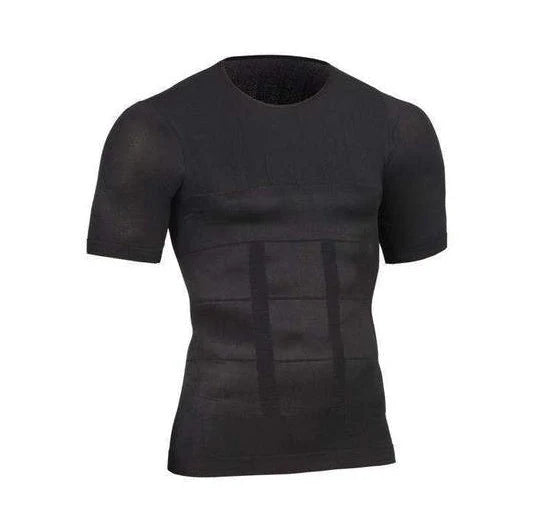 Men's slimming compression t-shirt in blue, black, or white, offering waist protection and support.