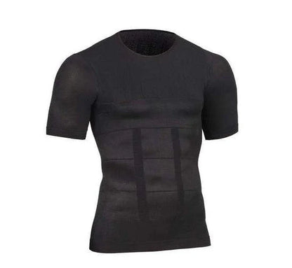Men's slimming compression t-shirt in blue, black, or white, offering waist protection and support.