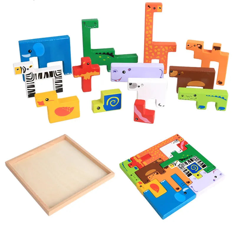 Beech wood 3D animal stack building blocks in colour box