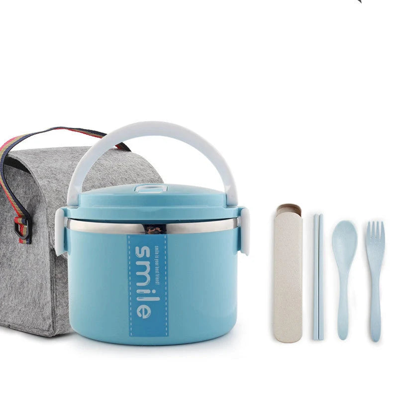 Stainless steel lunch box with built-in spoon, leak-proof design, in green, pink, and blue