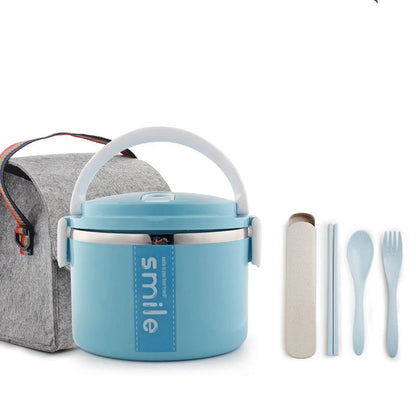 Stainless steel lunch box with built-in spoon, leak-proof design, in green, pink, and blue
