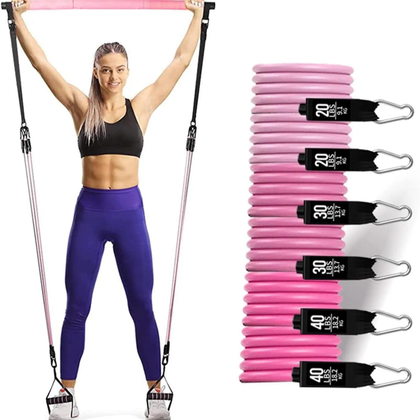 Yoga gymnastic bar with 180-pound reinforced resistance band pull rope set in black and pink TPE material