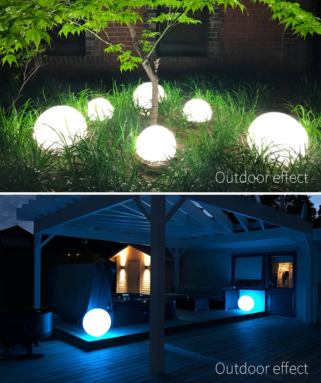 Spherical blue LED garden floor lamp with remote control sitting on grass.