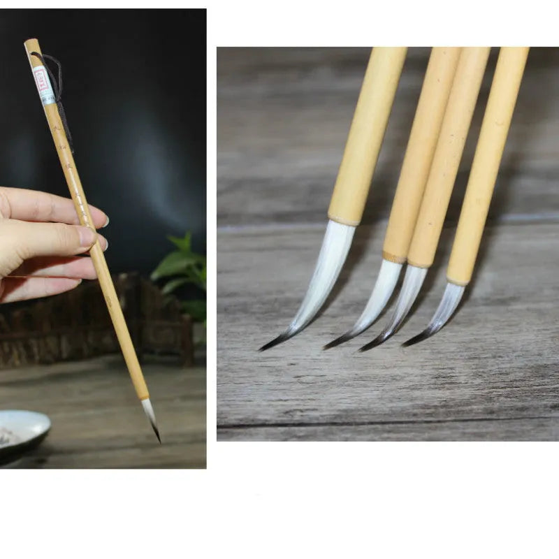 Set of four gold-coloured writing brushes with mixed hair bristles for calligraphy.
