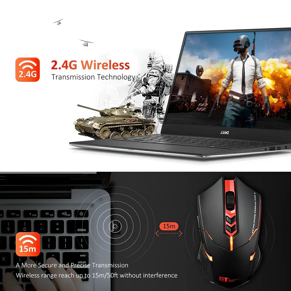 Blue wireless computer mouse with silent buttons and scroll wheel on wooden desk