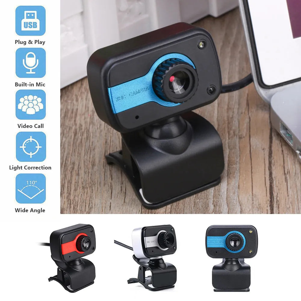 Mini USB webcam with rotating base in blue, red or white colours for PC video calling.