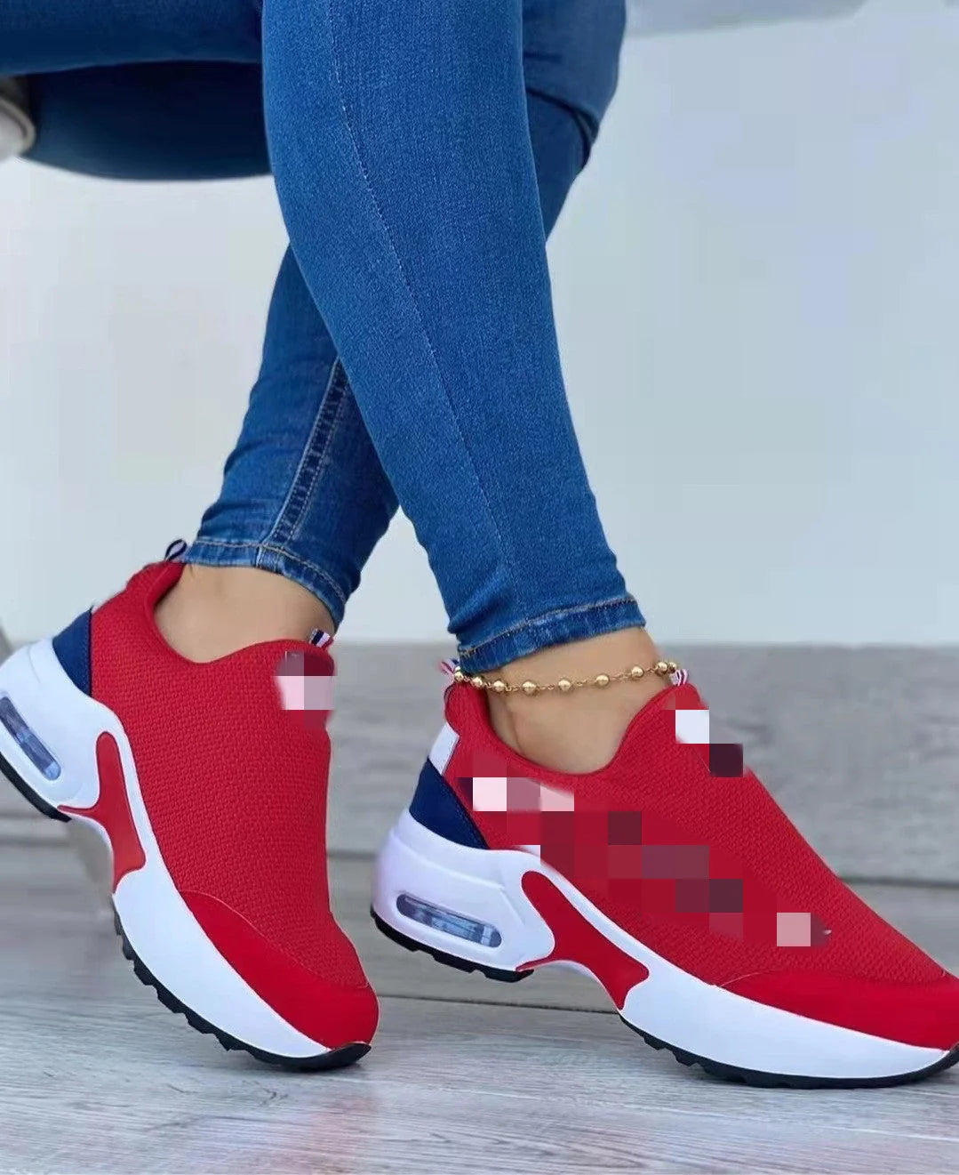 Women's air cushion slip-on sneakers with wedge heel in white, red, black, and navy blue