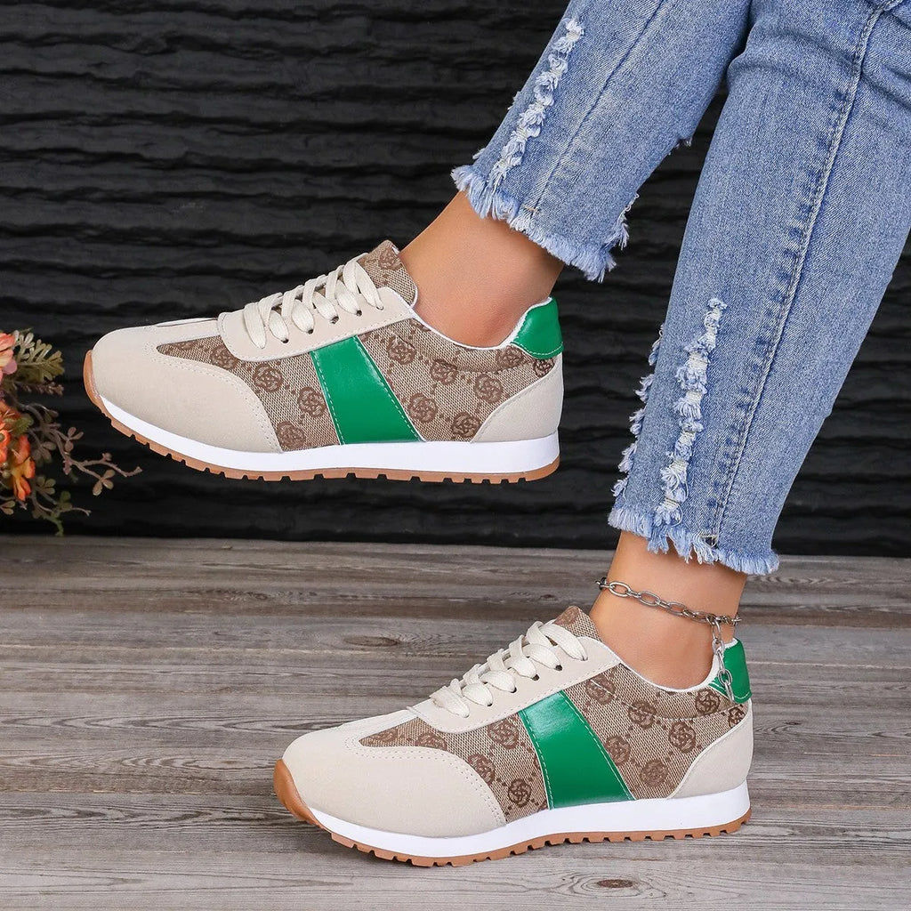 Women's casual lace-up shoes in khaki colour with cross-strap detail and round toe, flat heel profile