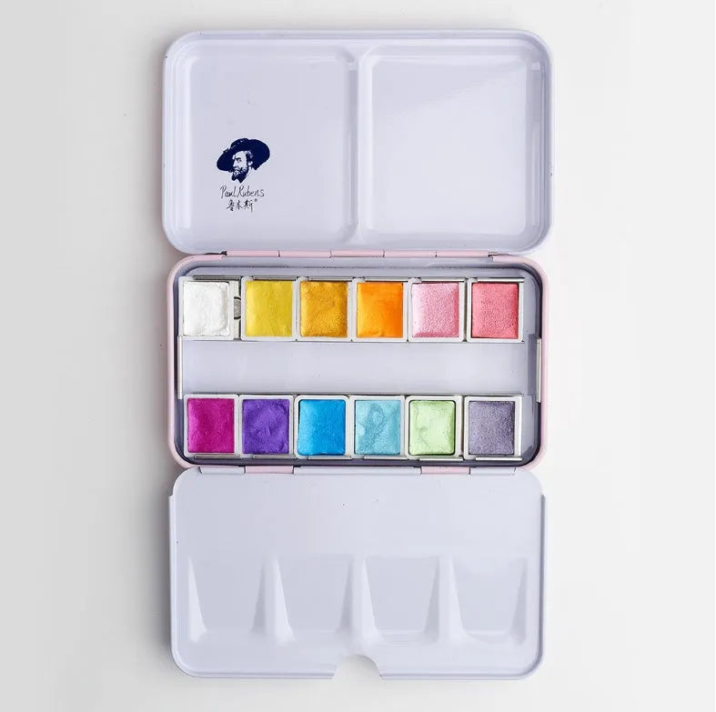 Solid watercolour paint set with pearl finish showing 12 or 24 colour pans.