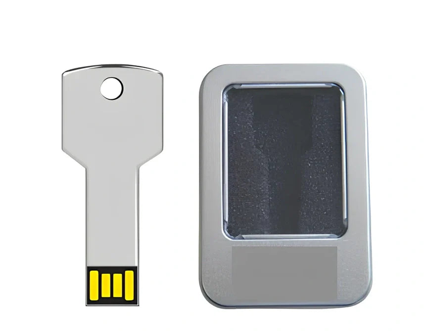 Custom logo USB flash drive in 16GB with tin box, showing branded design on plastic casing
