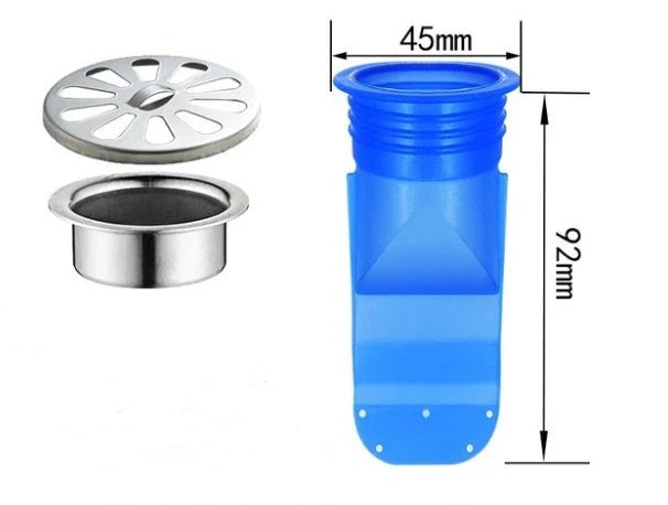 Blue silicone floor drain deodorant anti-overflow device measuring 180x120x40 mm