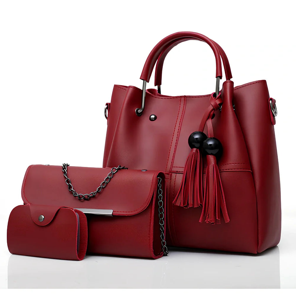 White three-piece tassel messenger bag set with 27x26x13cm main PU bag, zipper closure, and internal pockets for women