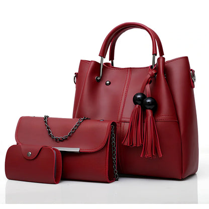 White three-piece tassel messenger bag set with 27x26x13cm main PU bag, zipper closure, and internal pockets for women