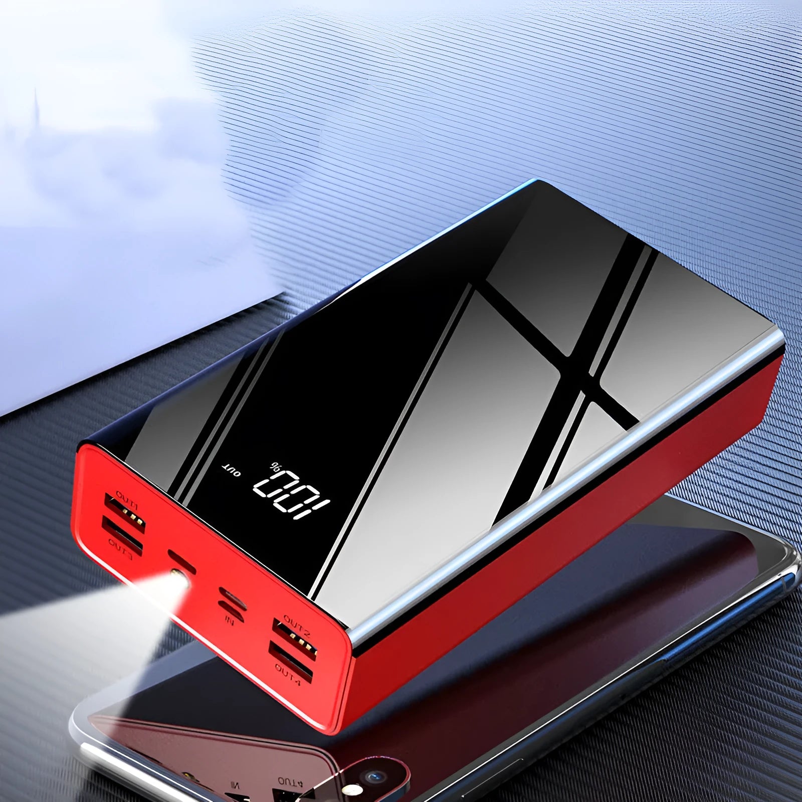 Large 40000 mAh power bank with LCD display in red and black colour options.