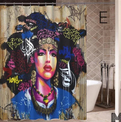 Colorful African girl portrait with graffiti art and modern buildings on a shower curtain