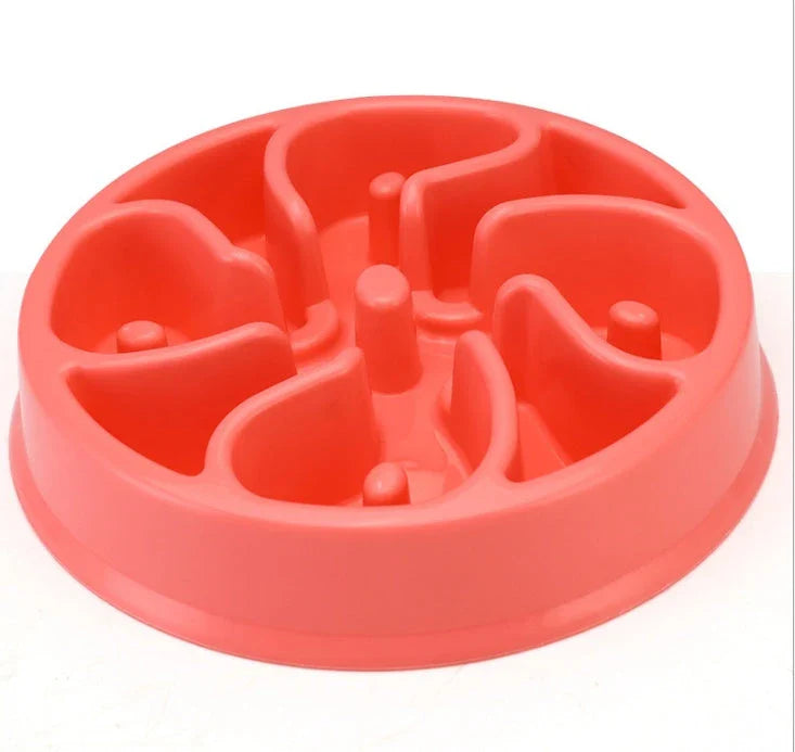 Anti-choke plastic dog bowl in pink, blue, green, and yellow