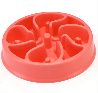 Anti-choke plastic dog bowl in pink, blue, green, and yellow