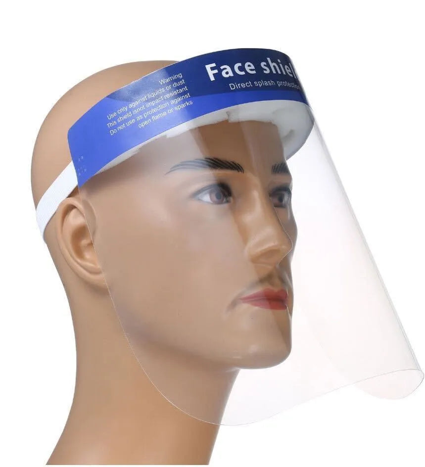 Blue PET self-protection head-on anti-splash mask on white background showing front view