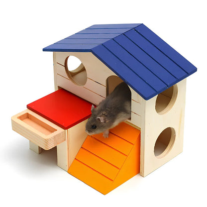 Wooden hamster chalet with blue top roof, 17cm square base, 15cm height for molar play and hiding