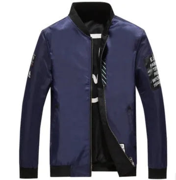 Reversible men's flight jacket showing striped and solid sides with zipper closure