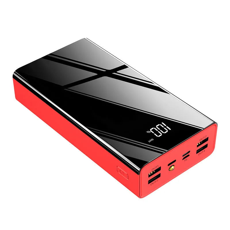 Large 40000 mAh power bank with LCD display in red and black colour options.