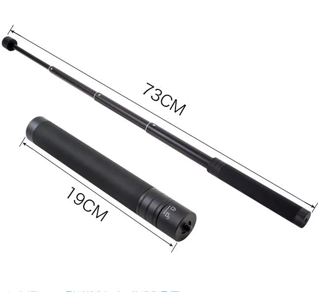 Black retractable aluminium selfie stick extended, with a smartphone mounted on the holder.