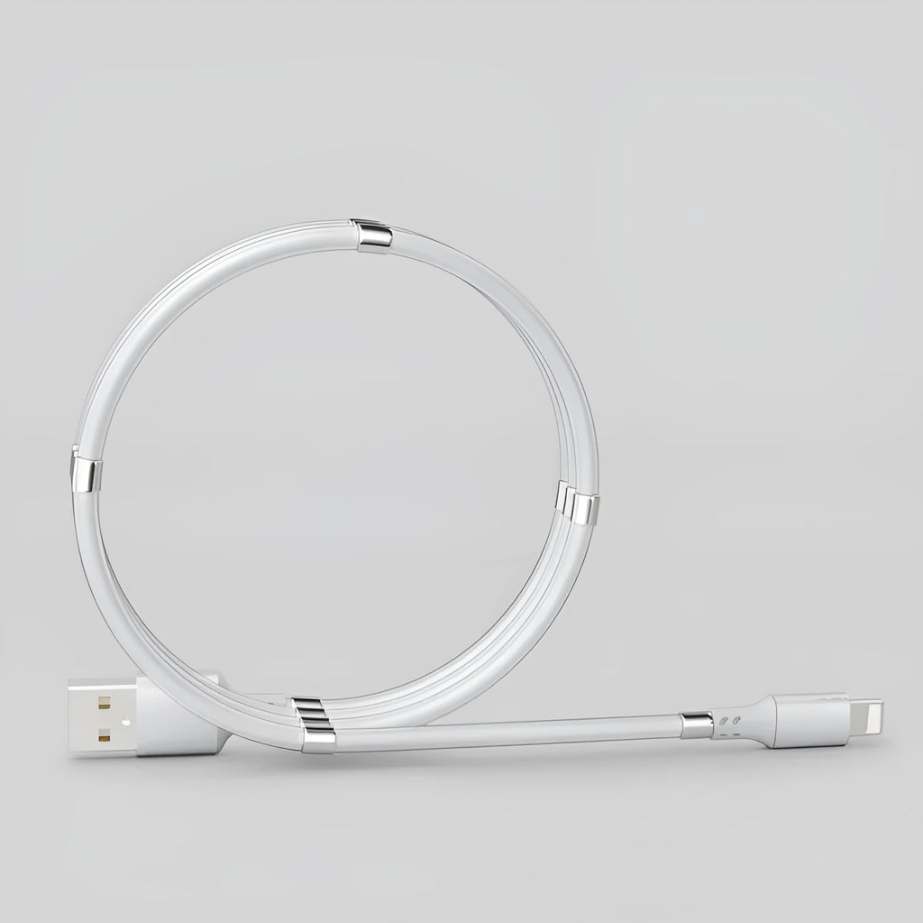 Black magnetic charging cable with Apple, Android, and Type-C compatibility showing aluminium alloy joints
