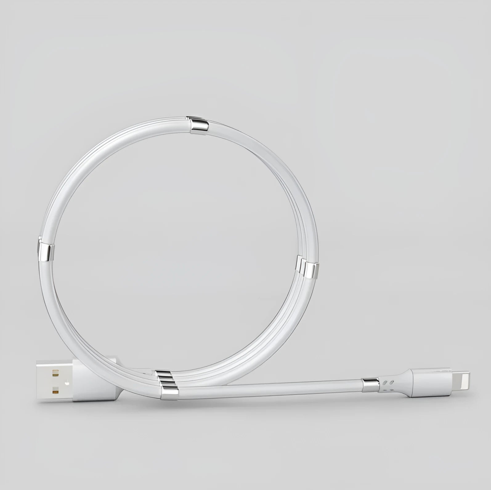 Black magnetic charging cable with Apple, Android, and Type-C compatibility showing aluminium alloy joints