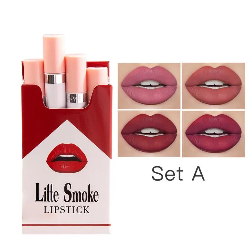 Matte mist lipstick set with four colours in semi suede texture, 10mm×80mm sticks