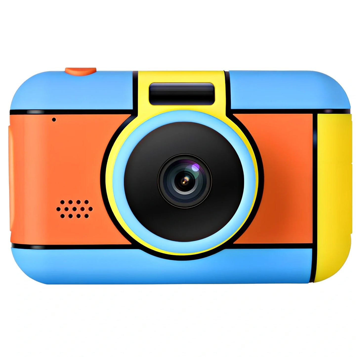 Children's 24MP digital camera in blue, showing 1080P video screen and 600mAh battery compartment, compact for small hands
