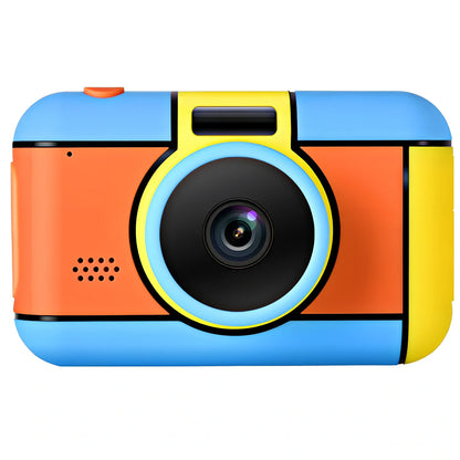 Children's 24MP digital camera in blue, showing 1080P video screen and 600mAh battery compartment, compact for small hands