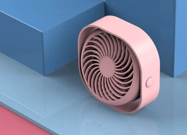 USB rechargeable desk fan with alarm clock display in blue, showing 360-degree rotation