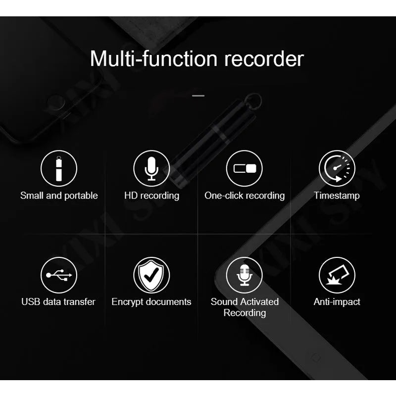Black Amoi A1 metal digital voice recorder with headset on a plain background