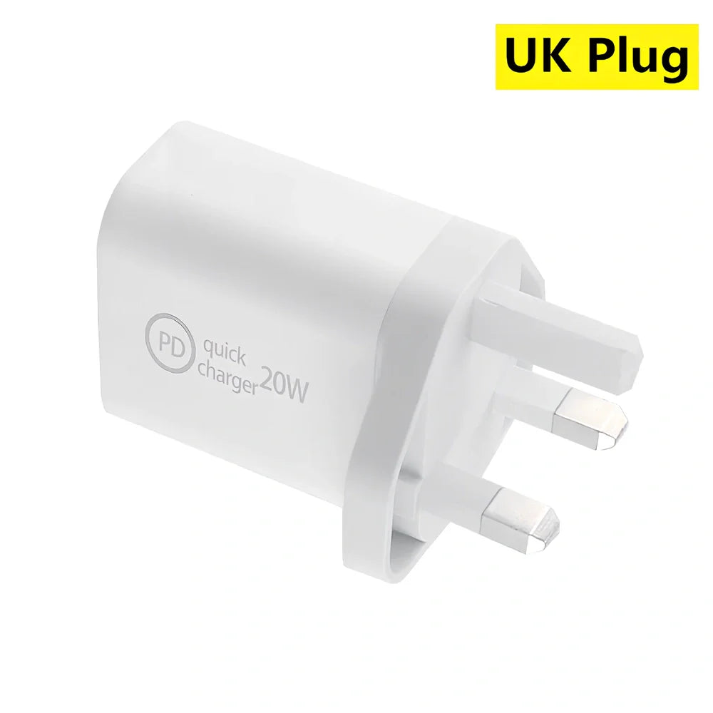 Compact 20W PD charger in UK plug variant, 63x40x22mm size, for fast smartphone charging with safety features