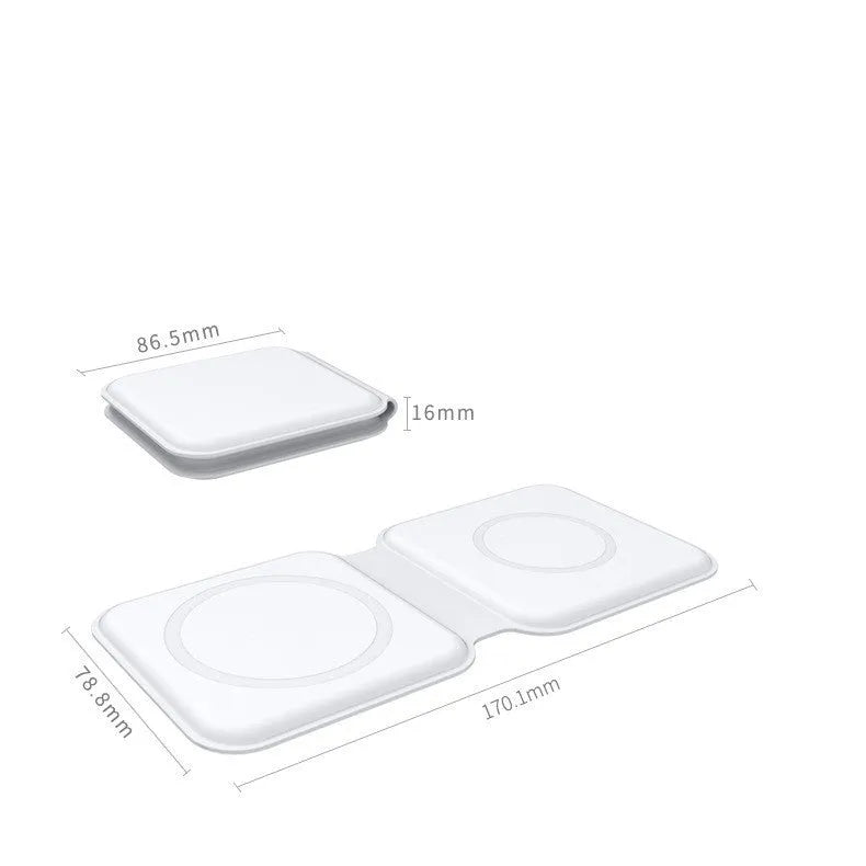 White foldable magnetic wireless charging dock showing two phones charging simultaneously at an angle.